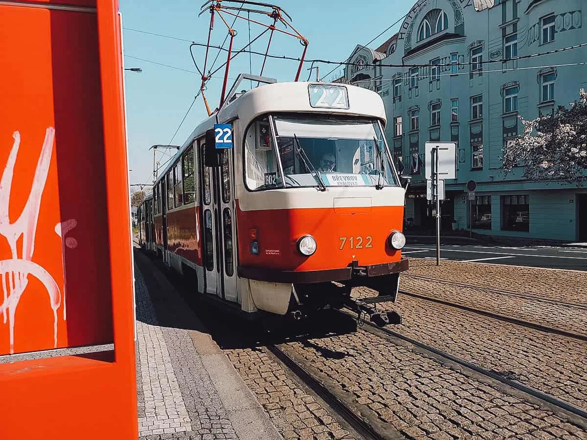 About to board Tram 22 in Prague, Czechia