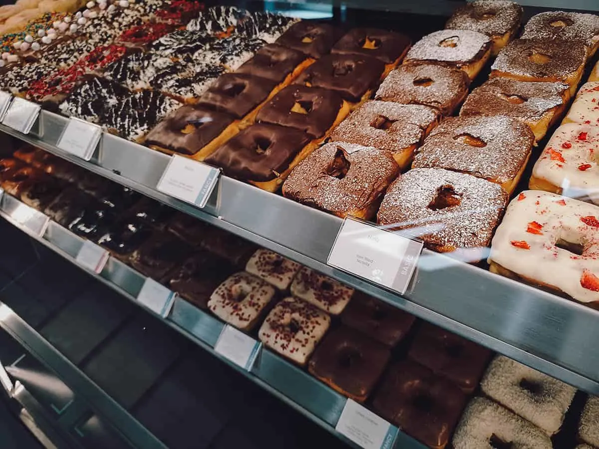 Selection of doughnuts at The Box Donut in Budapest, Hungary