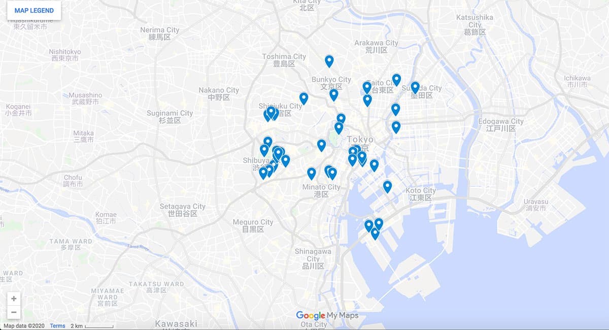 Map of Tokyo with pins