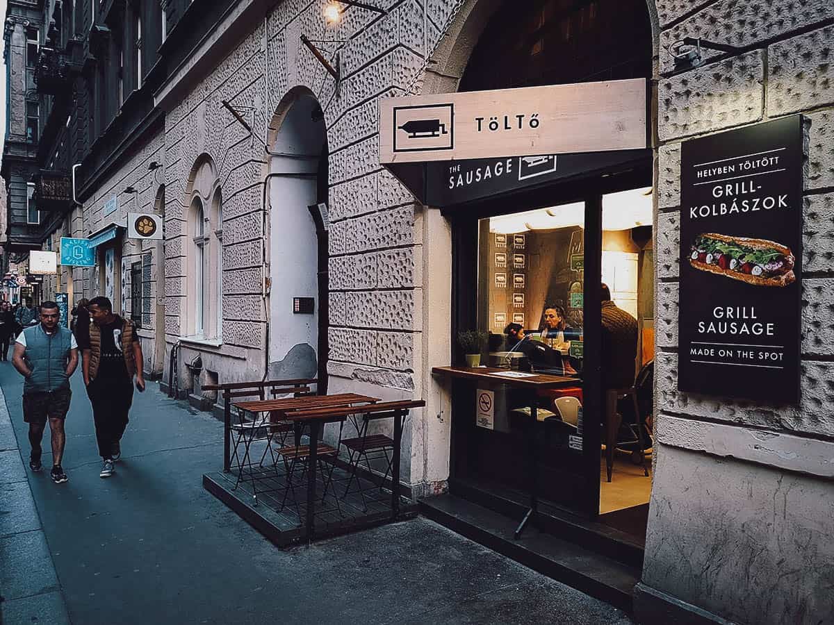 Exterior of ToLTo, a downtown restaurant serving gourmet hot dogs in Budapest