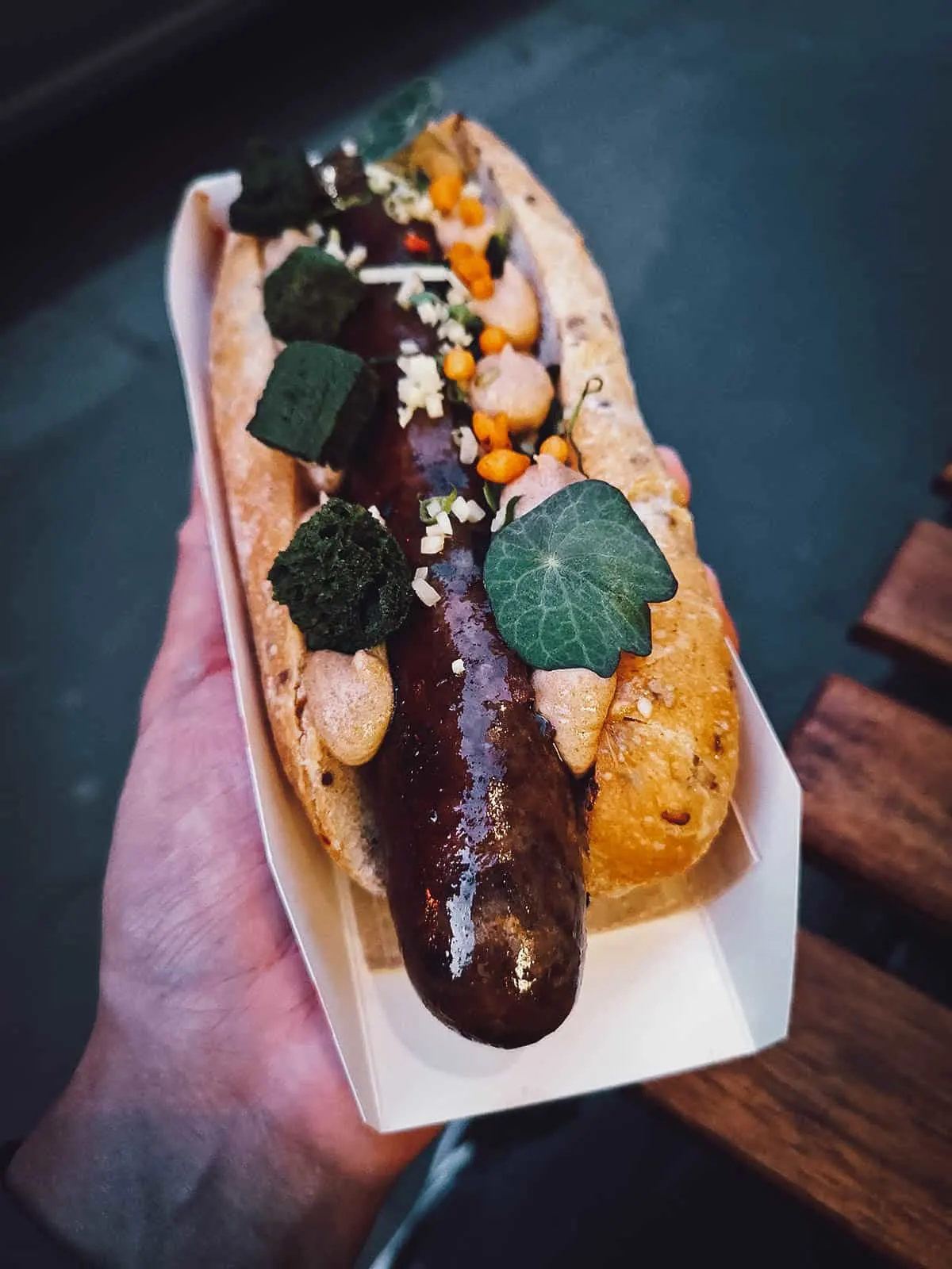 Gourmet hot dog from ToLTo, one of the best hot dog restaurants in Budapest