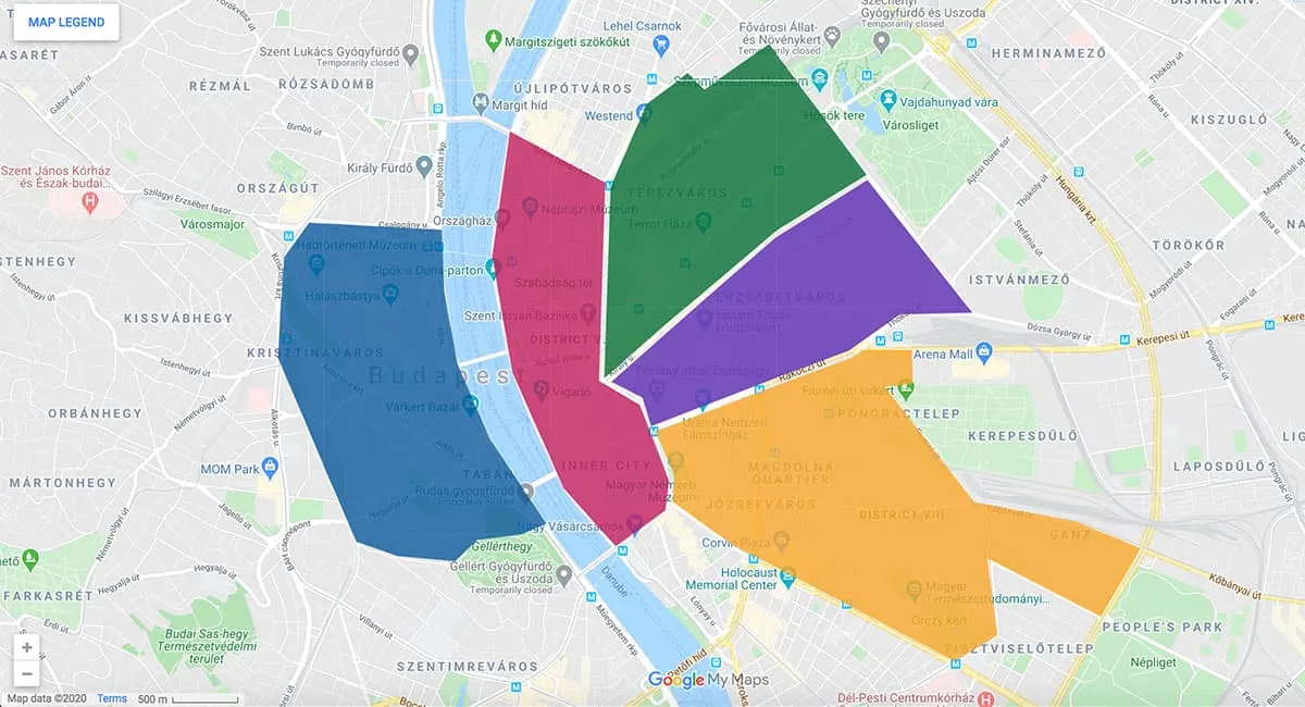 Area map of Budapest, Hungary