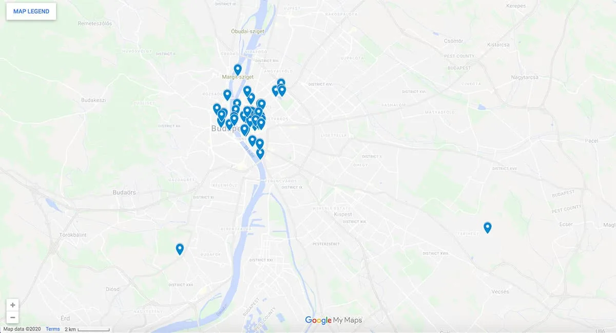 Points of Interest in Budapest Budapest map with pins