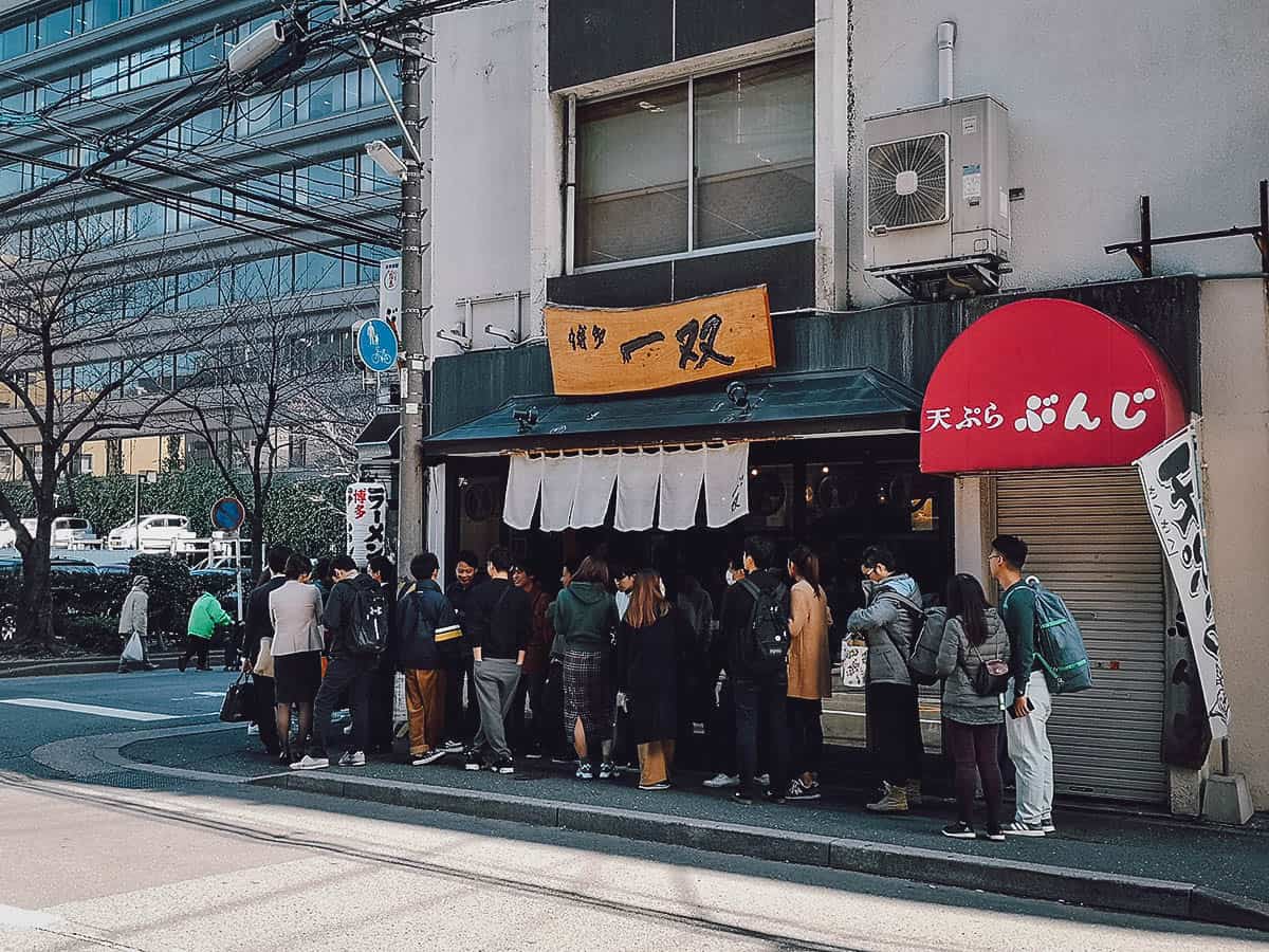 Line of people waiting outside Hakata Issou in Fukuoka