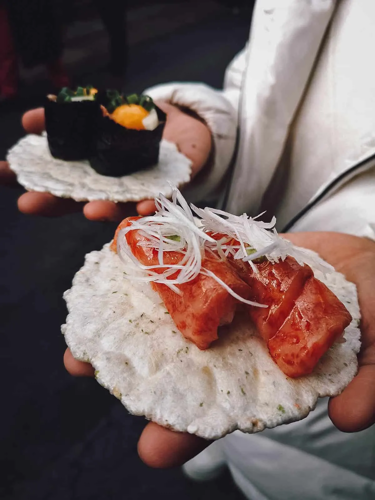 Hida beef sushi, a type of sushi made from raw sliced beef served with rice