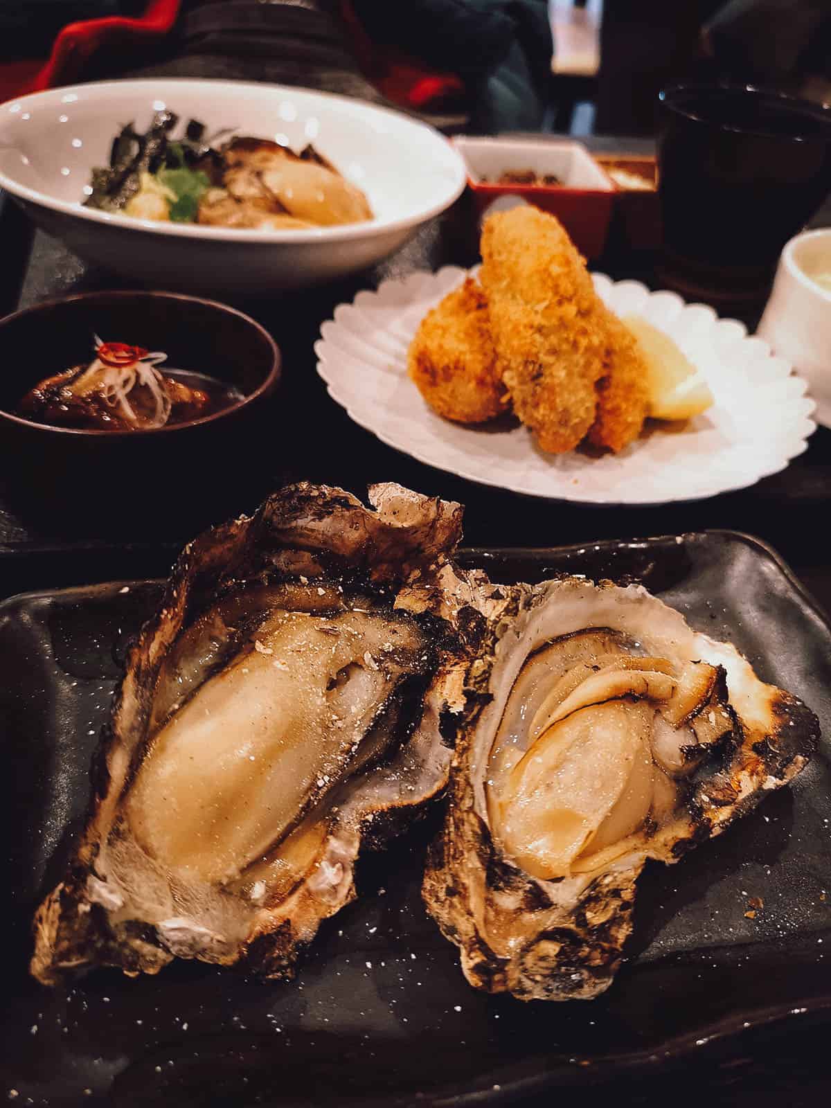 Closeup of grilled oysters