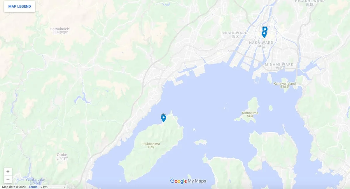 Hiroshima and Miyajima Restaurants Map with pins