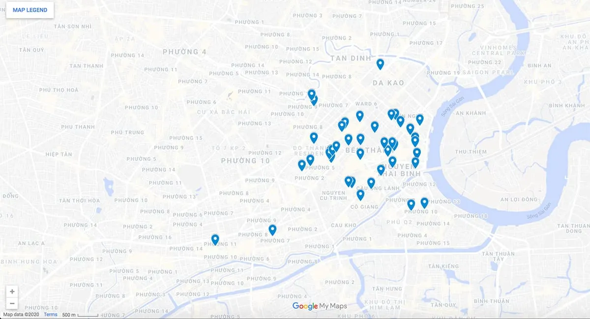 Points of Interest in Ho Chi in City Map with pins