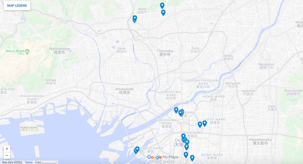 Osaka map with pins