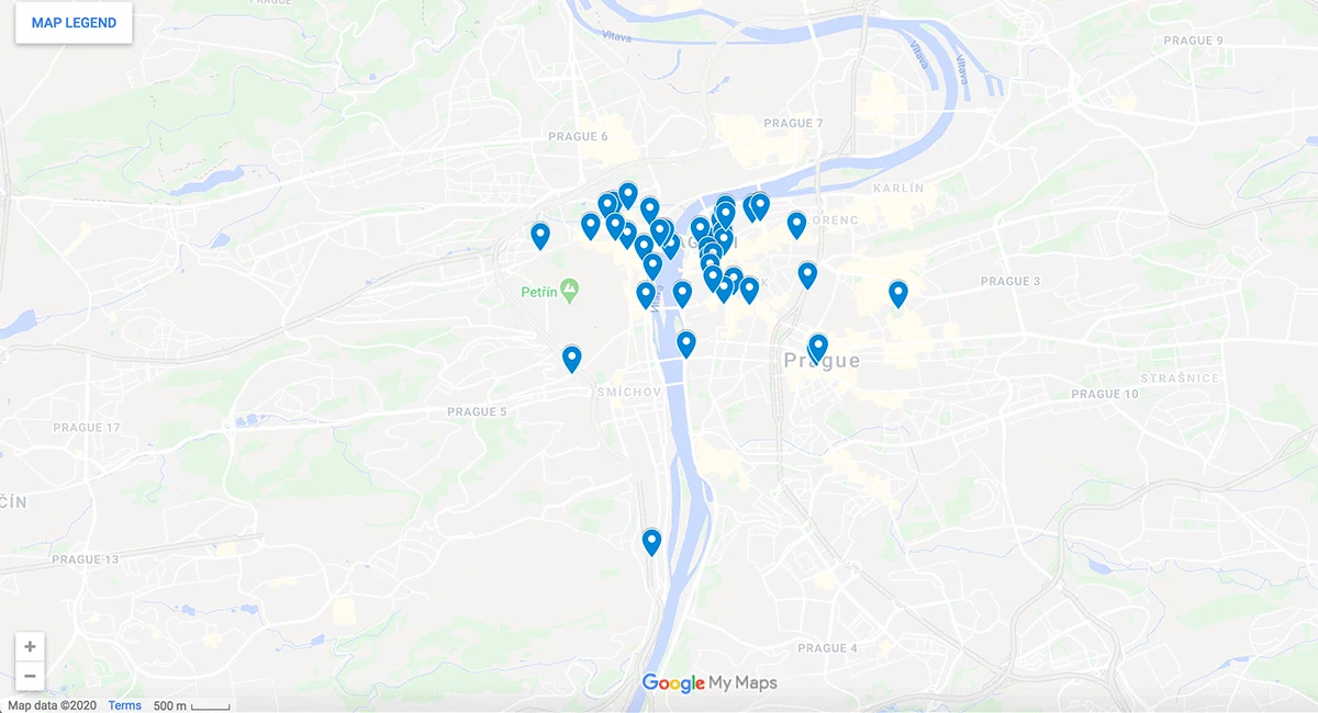 Prague Points of Interest Map with pins