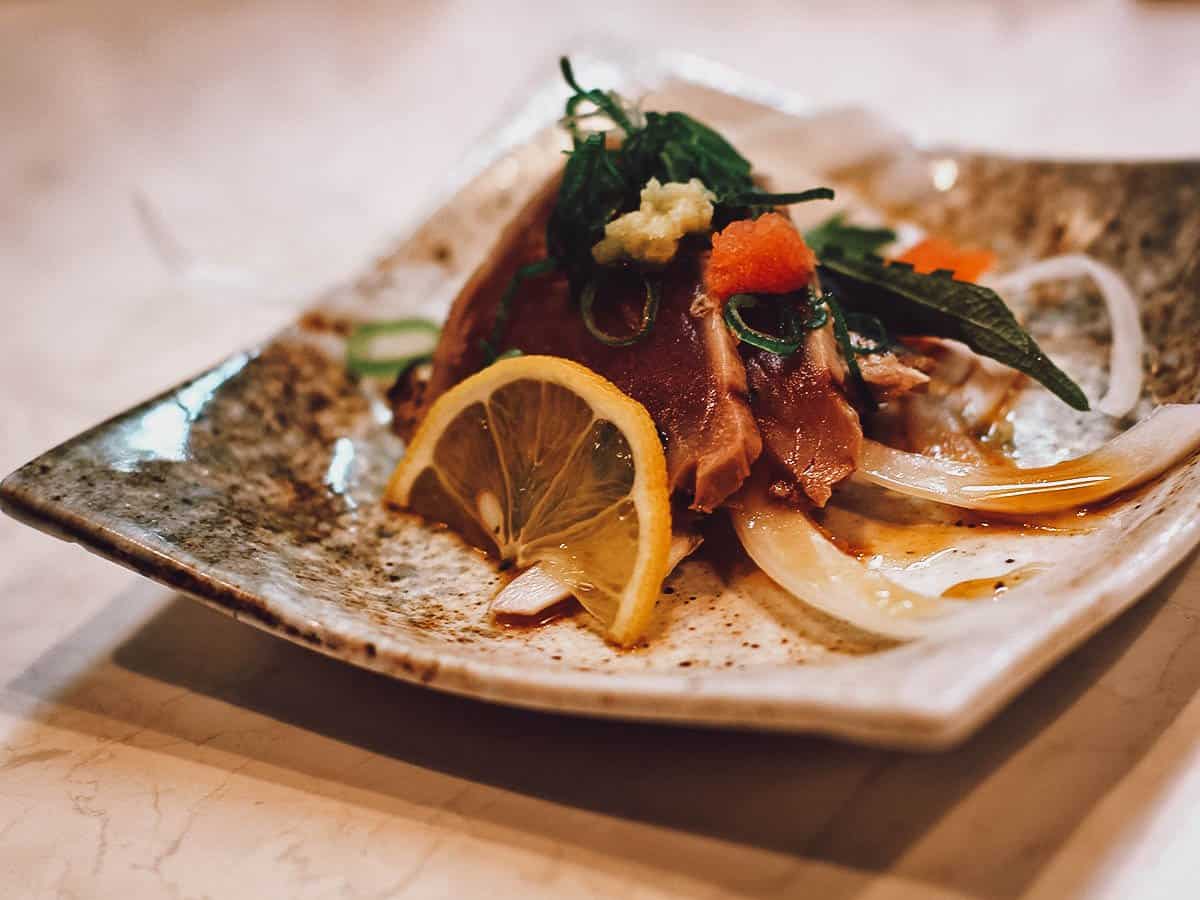 Plate of seared tuna apppetizer at a restaurant in Kyoto