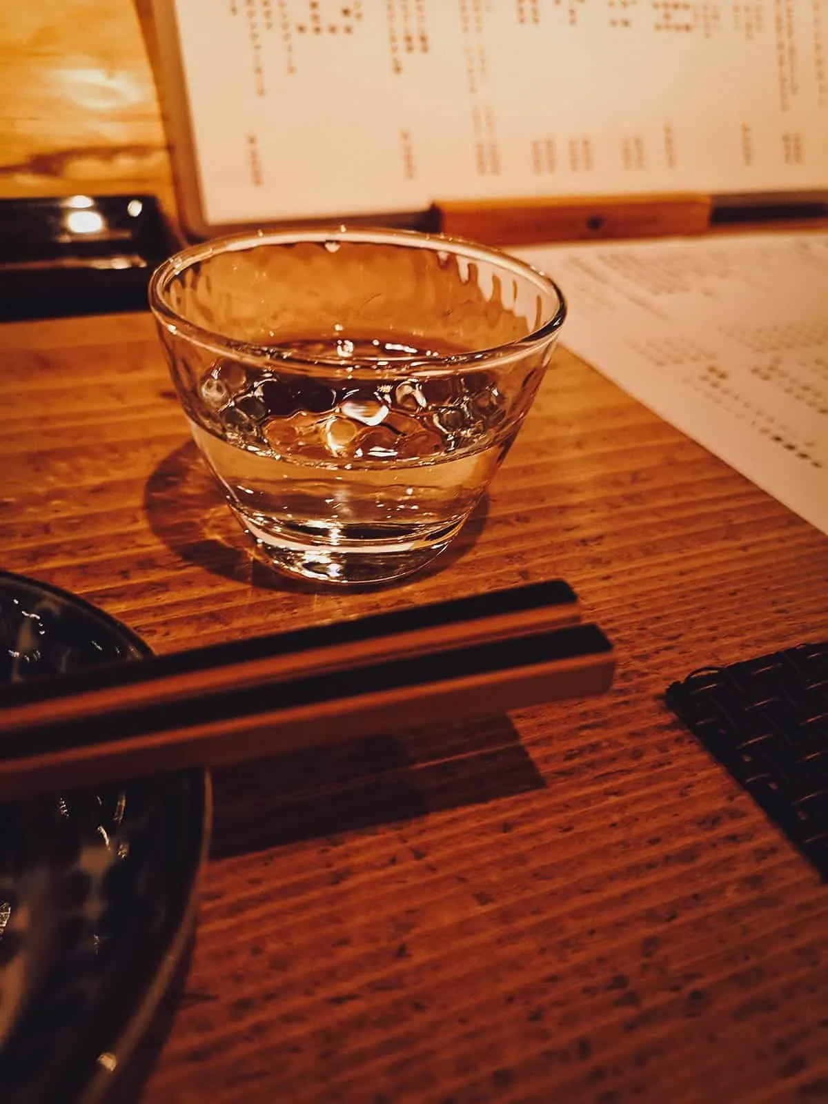 Glass of sake at a restaurant in Kyoto