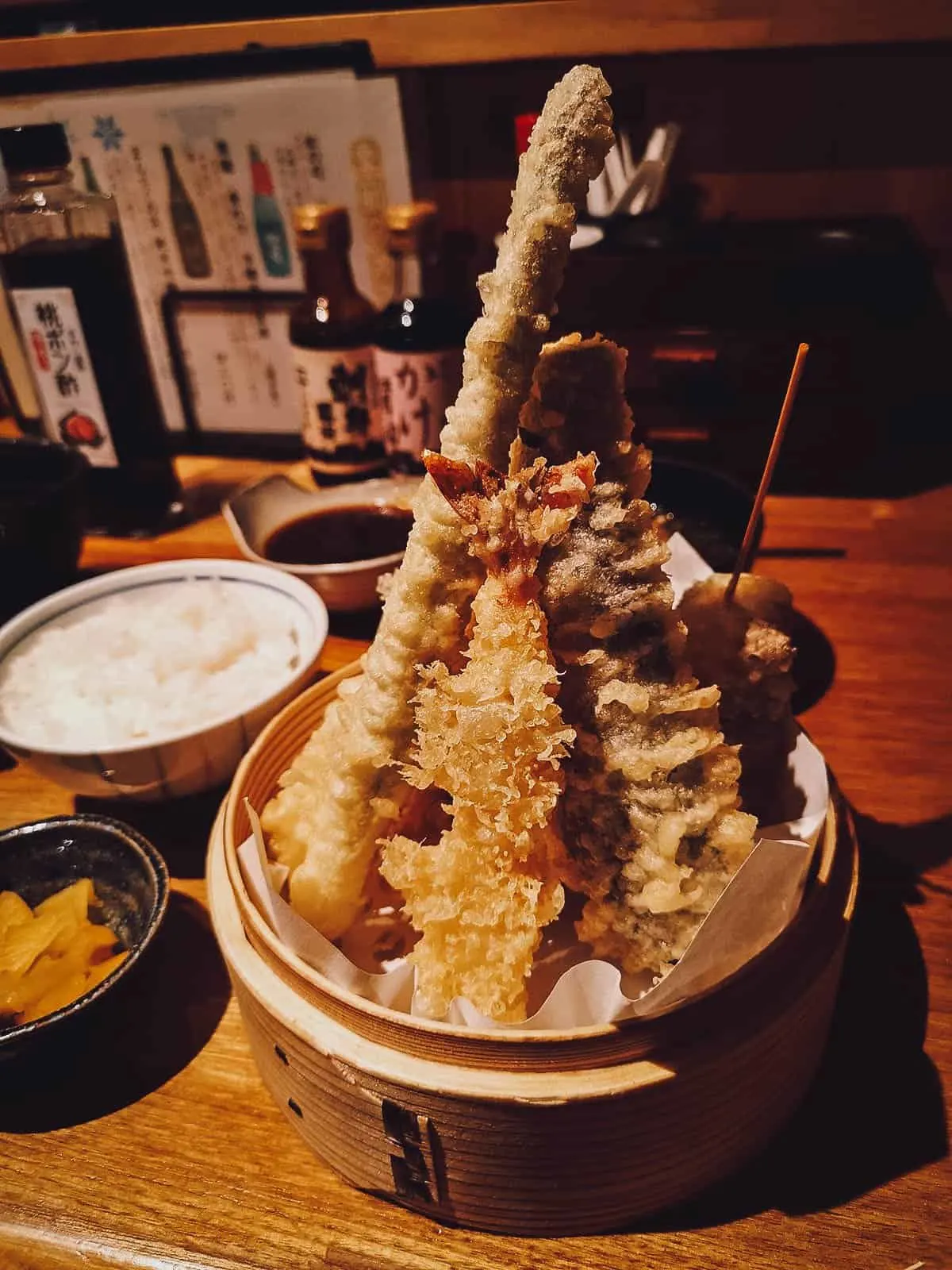 Assorted tempura with dipping sauce at a Japanese restaurant in Kyoto