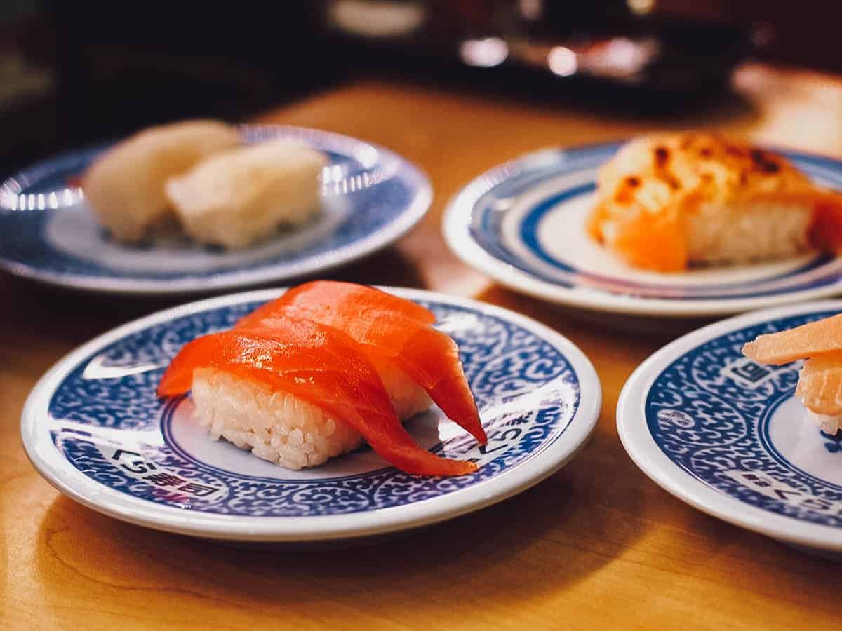 Plates of sushi at a restaurant in Kyoto