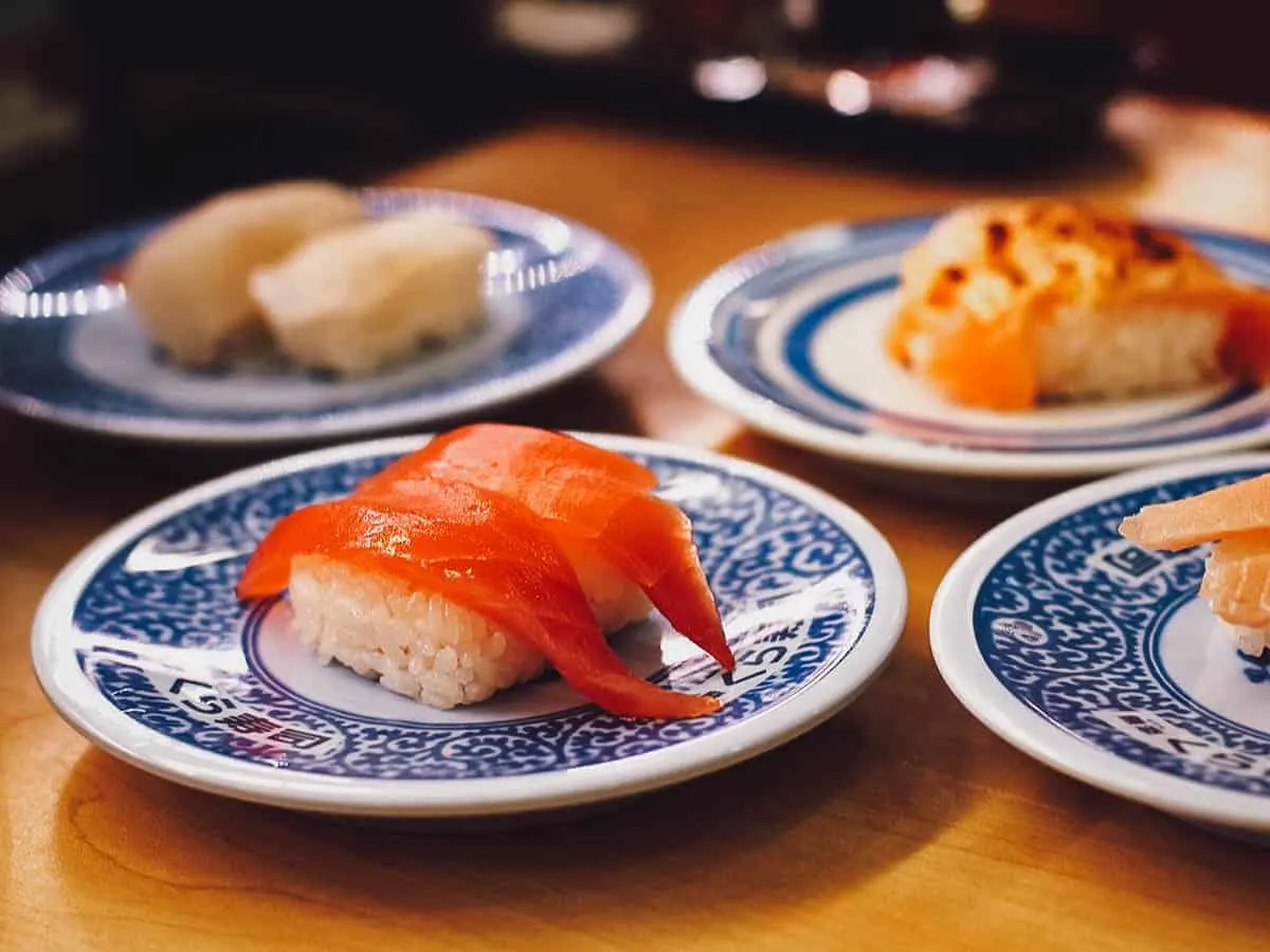 Different types of sushi at a kaitenzushi restaurant in Japan