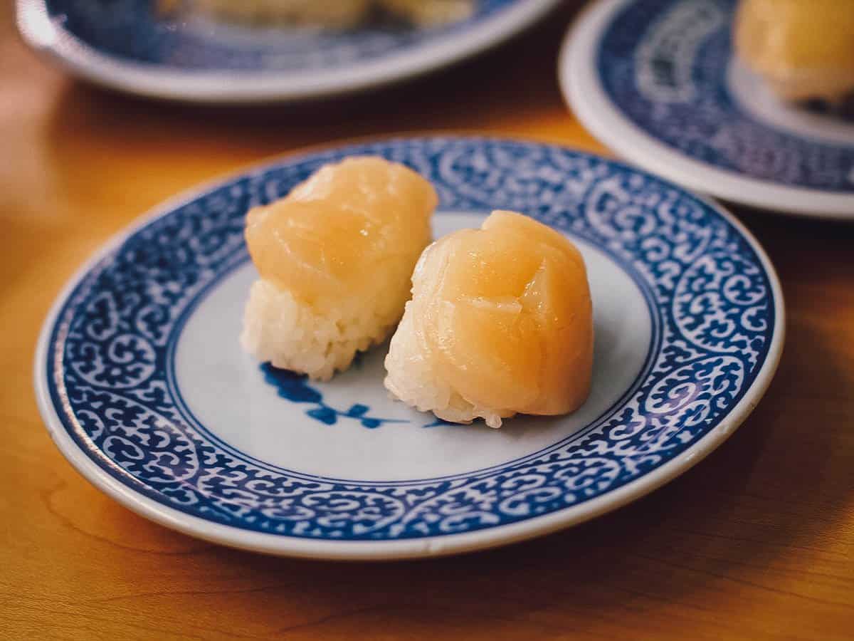 Plate of scallop sushi at a restaurant in Kyoto