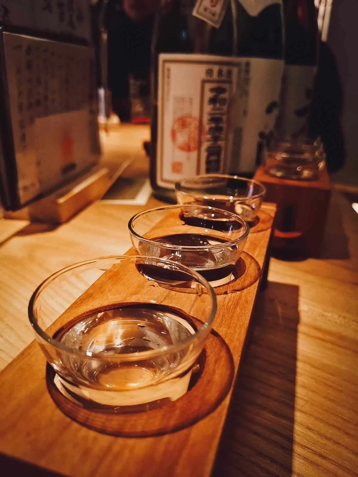 Glasses of sake at a restaurant in Kyoto
