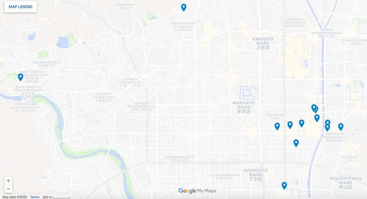 Kyoto Restaurants Kyoto restaurant map with pins
