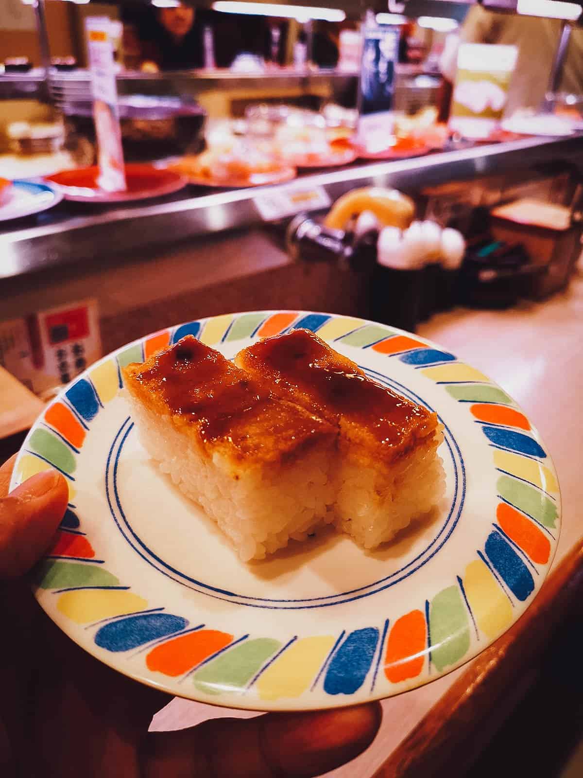 Plate of sushi at a restaurant in Kyoto