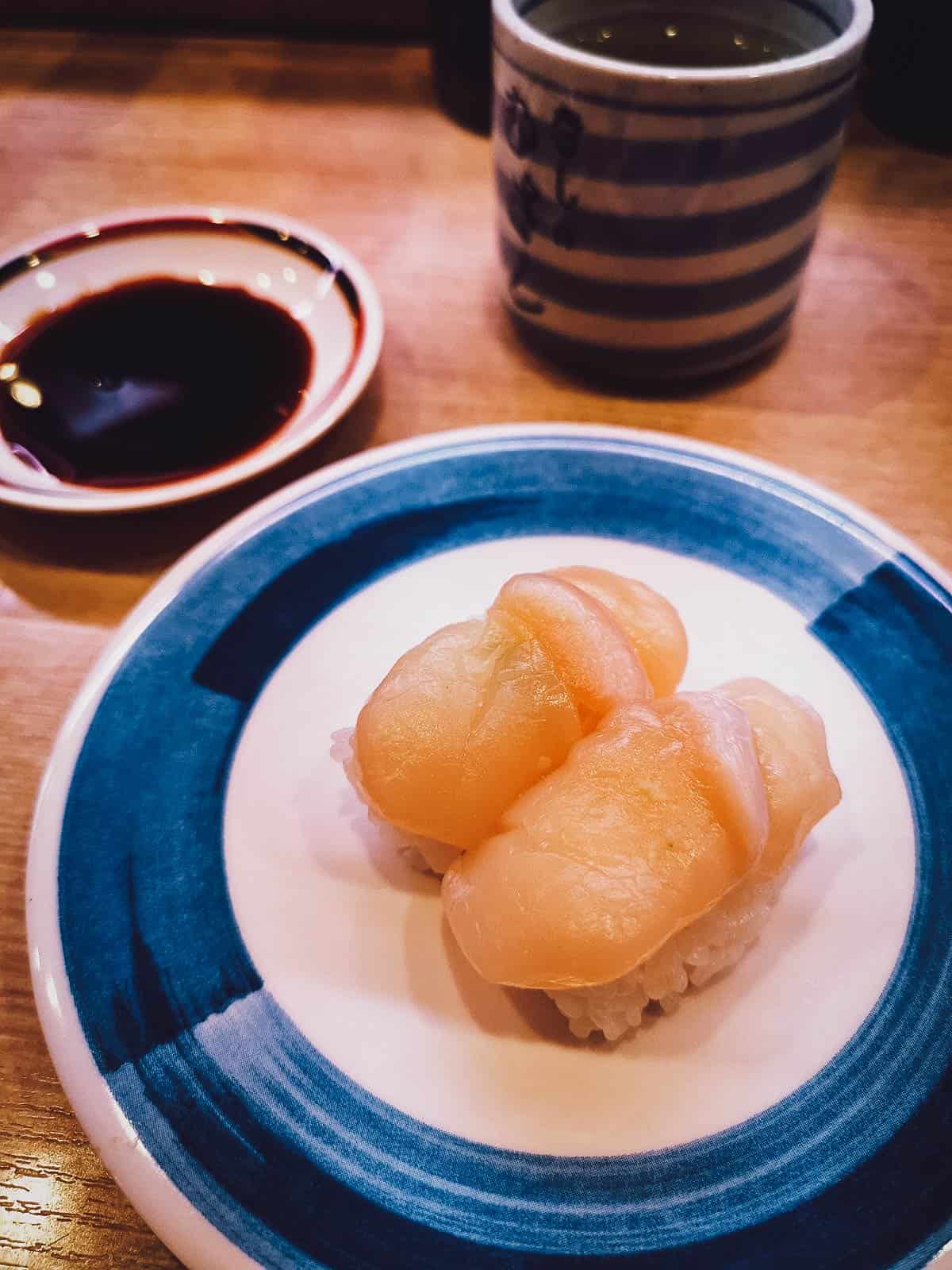 Plate of scallop sushi at a restaurant in Kyoto