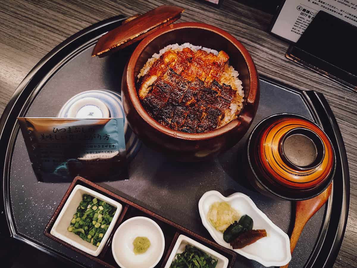 Hitsumabushi set meal with condiments and miso soup