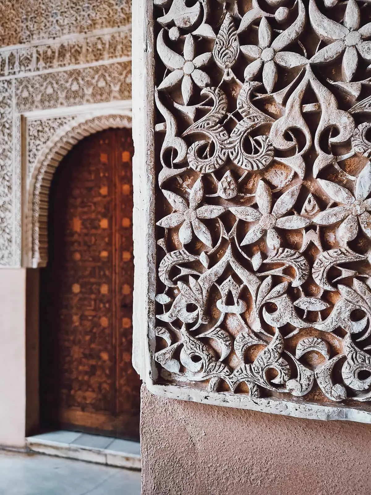 Intricate carvings at Nasrid Palaces in Granada, Spain