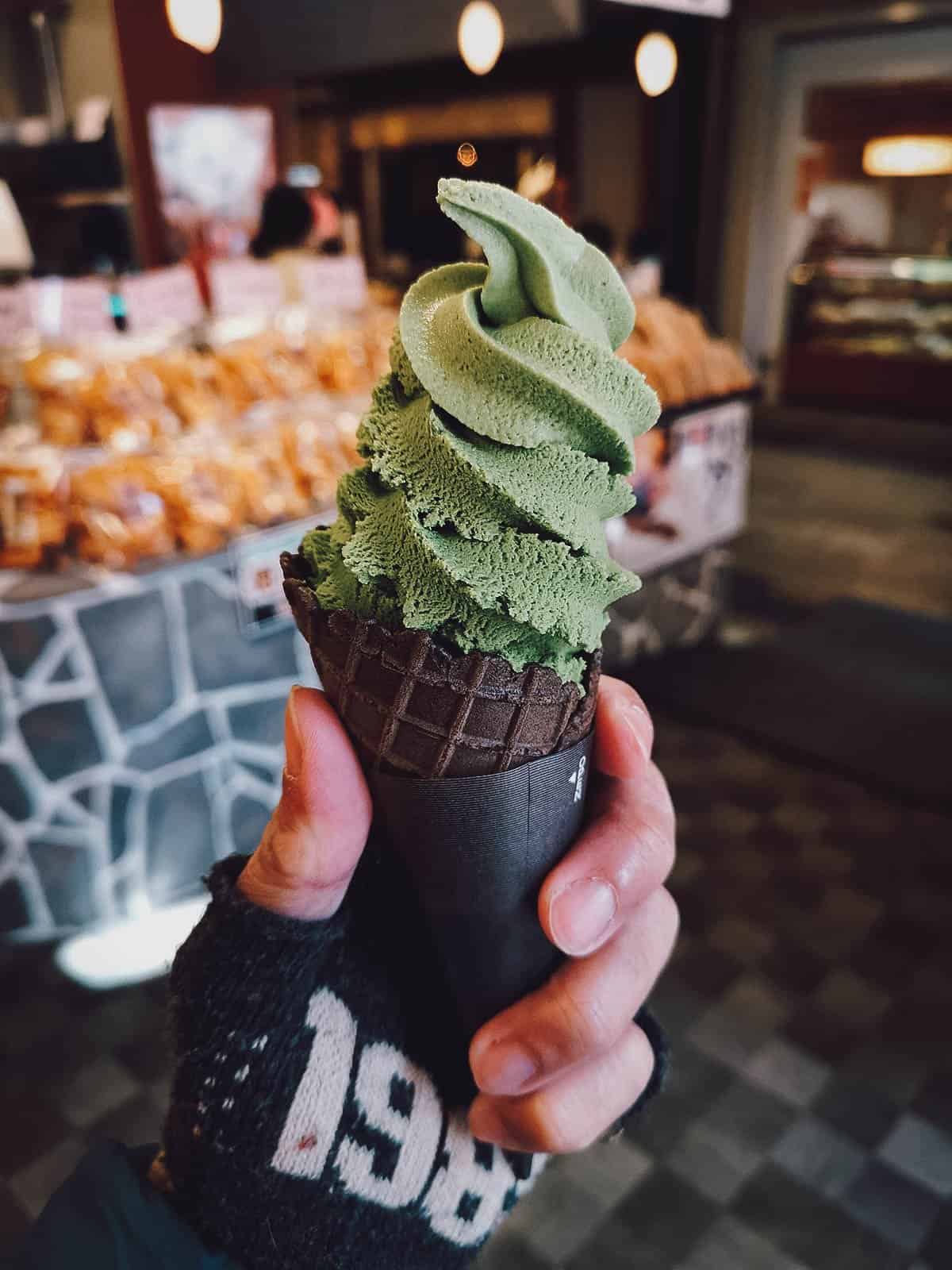 Matcha soft serve ice cream at a market in Kyoto