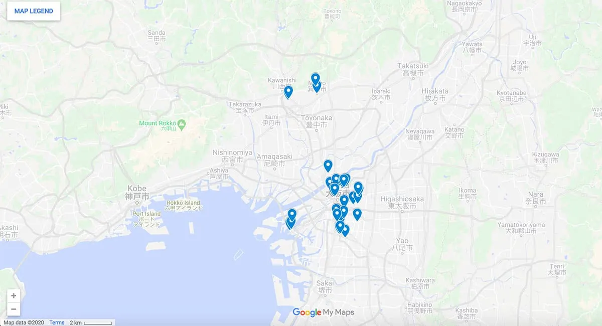 Points of interest in Osaka Map with pins