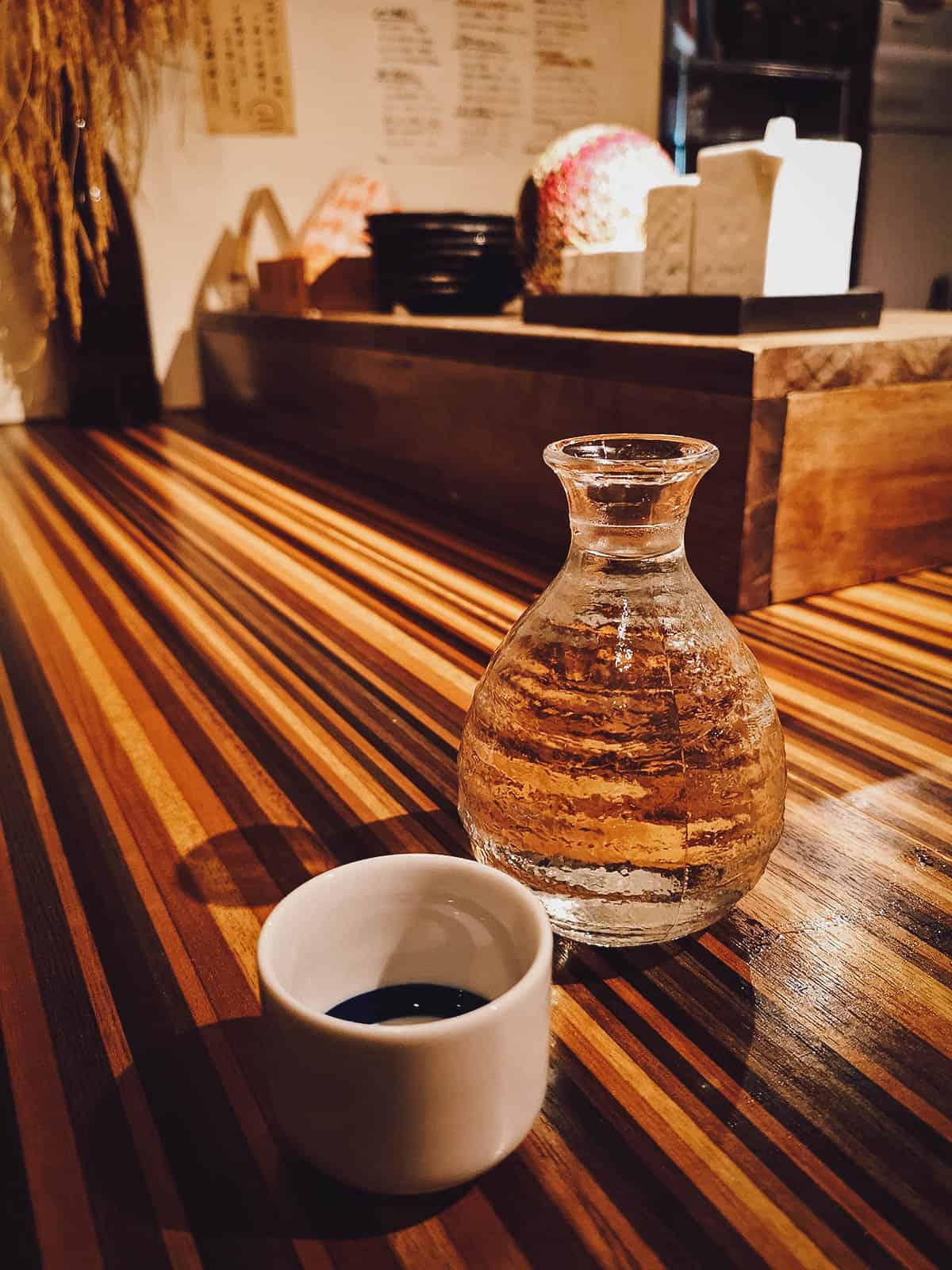 Vial of sake at a restaurant in Kyoto