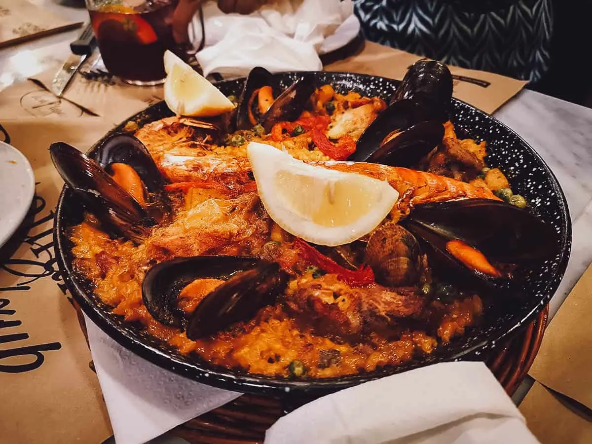 Seafood paella, a hugely popular Spanish rice dish with seafood