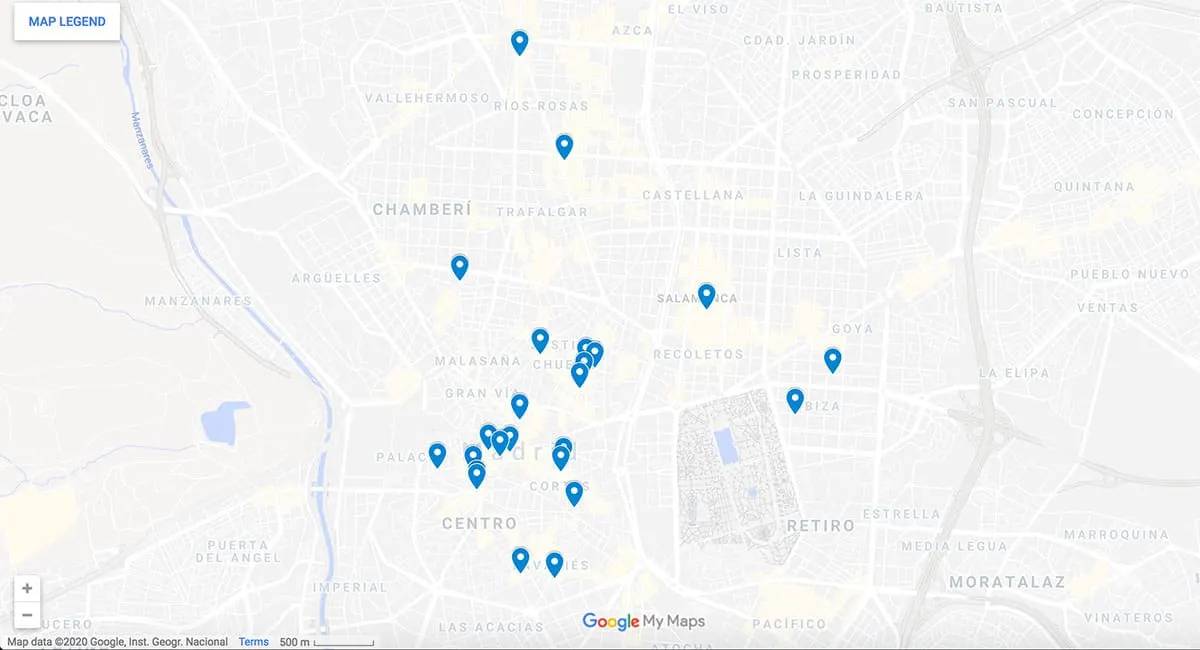 Madrid Restaurants Map with pins