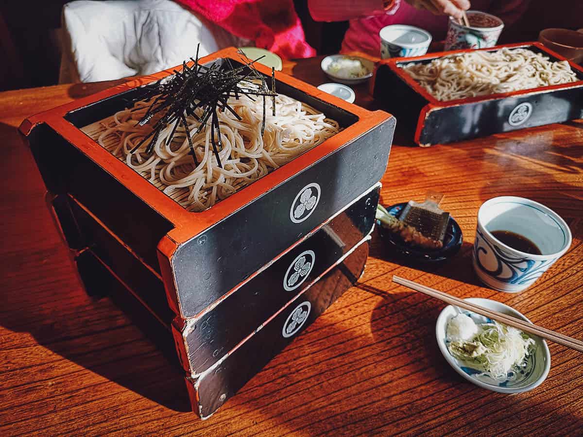 Boxes of shinshu soba buckwheat noodles with a tsuyu dipping sauce