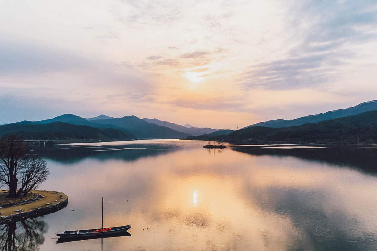 View of the lake at sunset