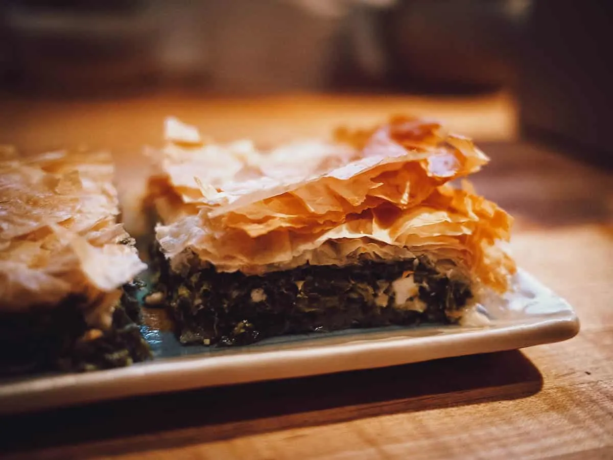 Spanakopita, a Greek cheese pie made with spinach, feta cheese, and phyllo pastry