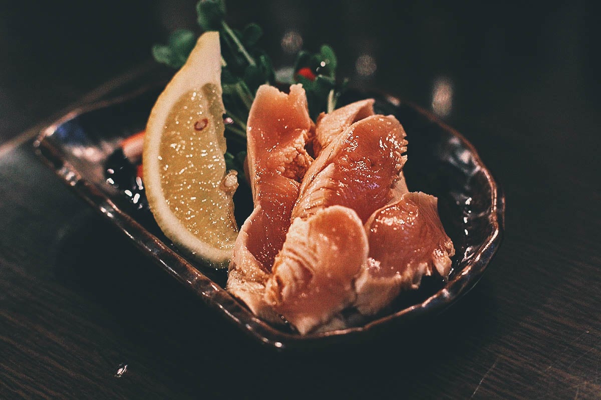 Raw chicken sashimi at a Japanese izakaya or pub