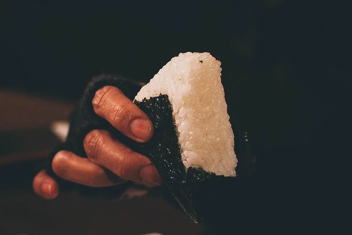 Onigiri, a popular Japanese snack of stuffed rice wrapped in nori seaweed