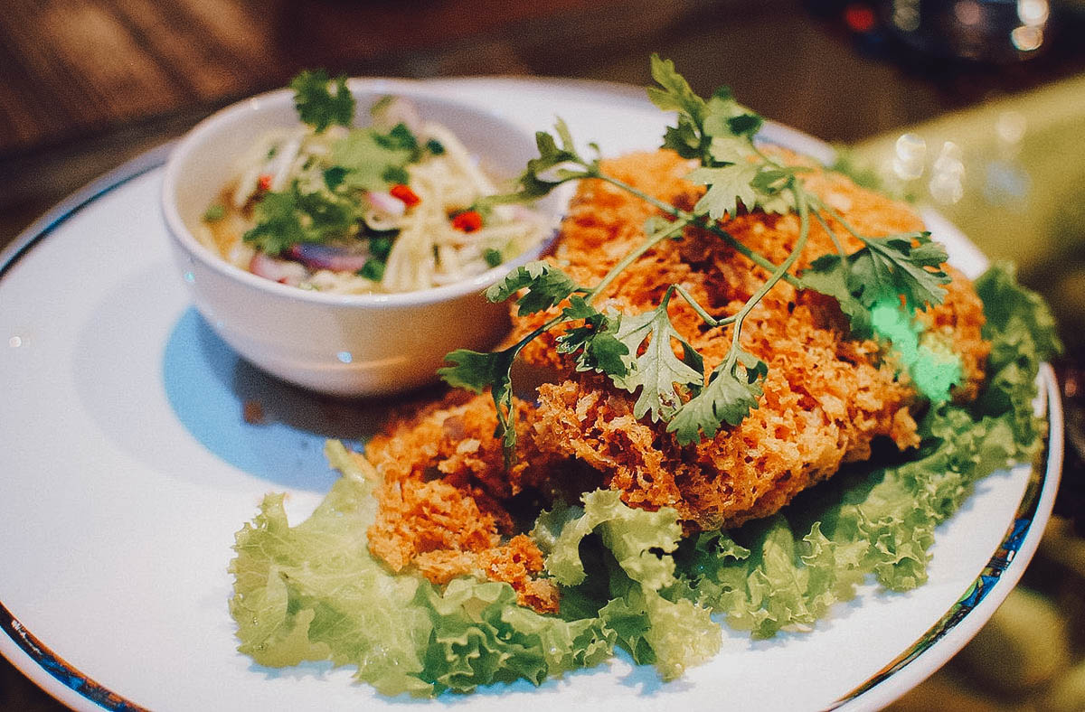 Yam pla dook foo or catfish salad