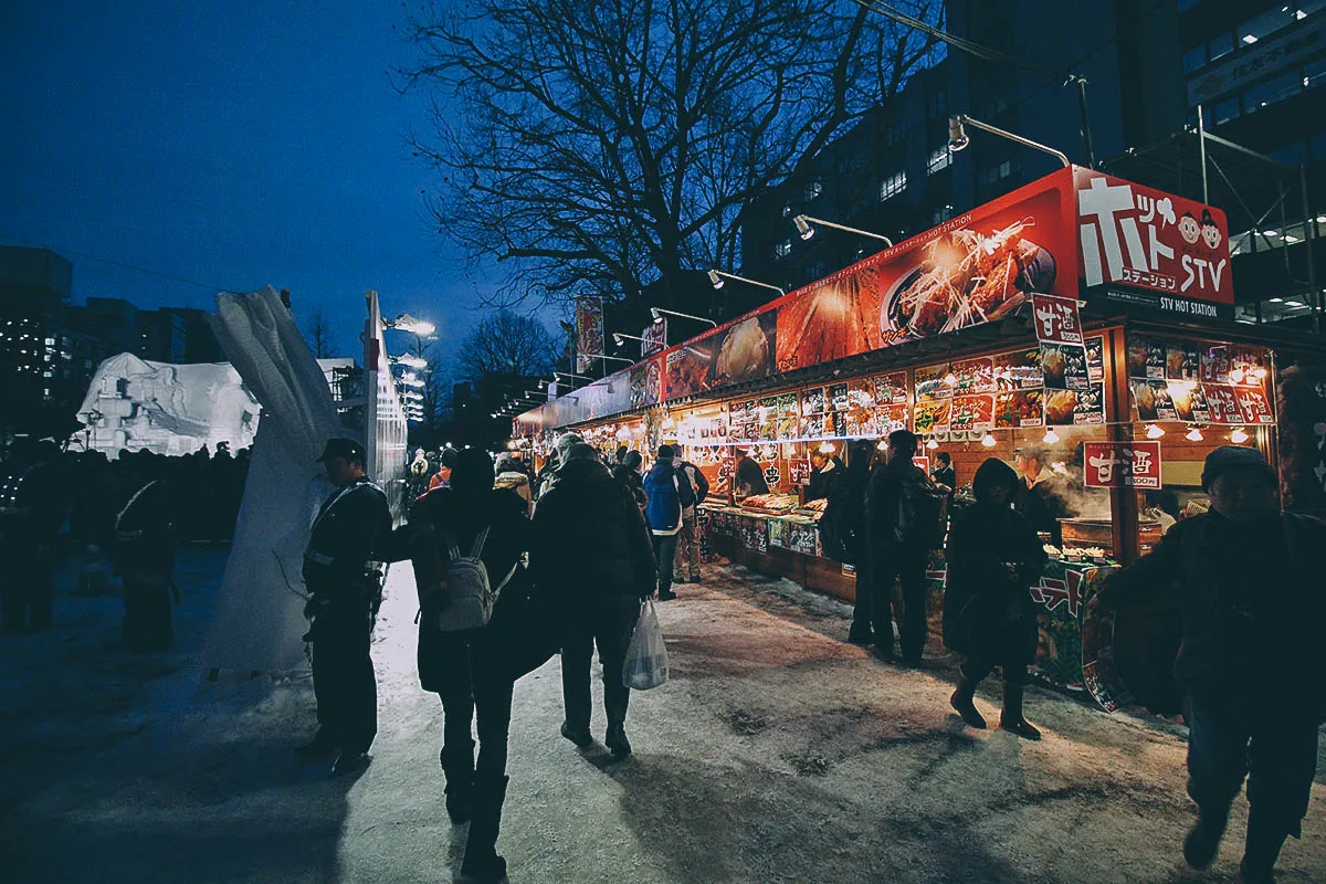Food stands at the Sapporo Snow Festival in Japan