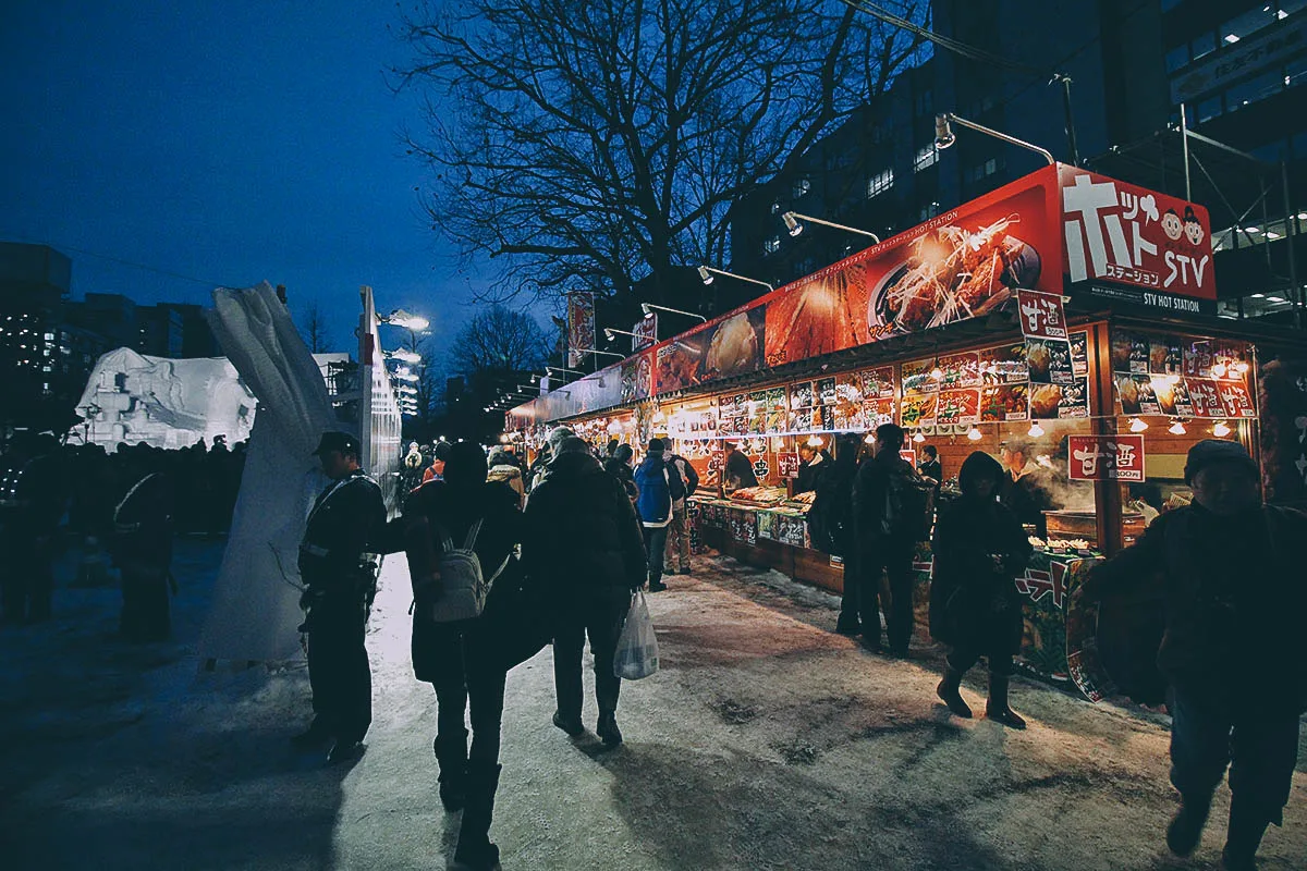 Japanese Street Food Food stands at the Sapporo Snow Festival in Japan