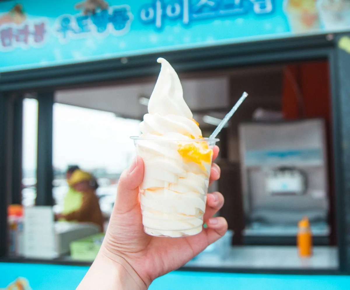 Jeju Itinerary Hallabong ice cream cone on Jeju Island
