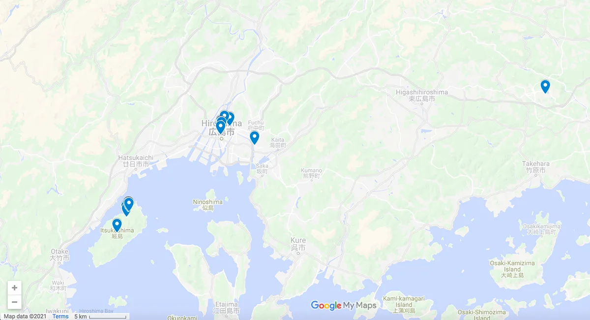 Map of Hiroshima, Japan Map with pins