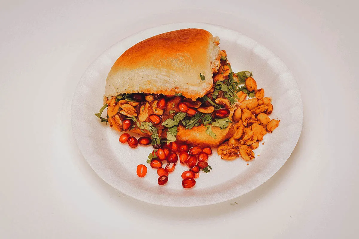 Dabeli with mint chutney and pomegranate seeds