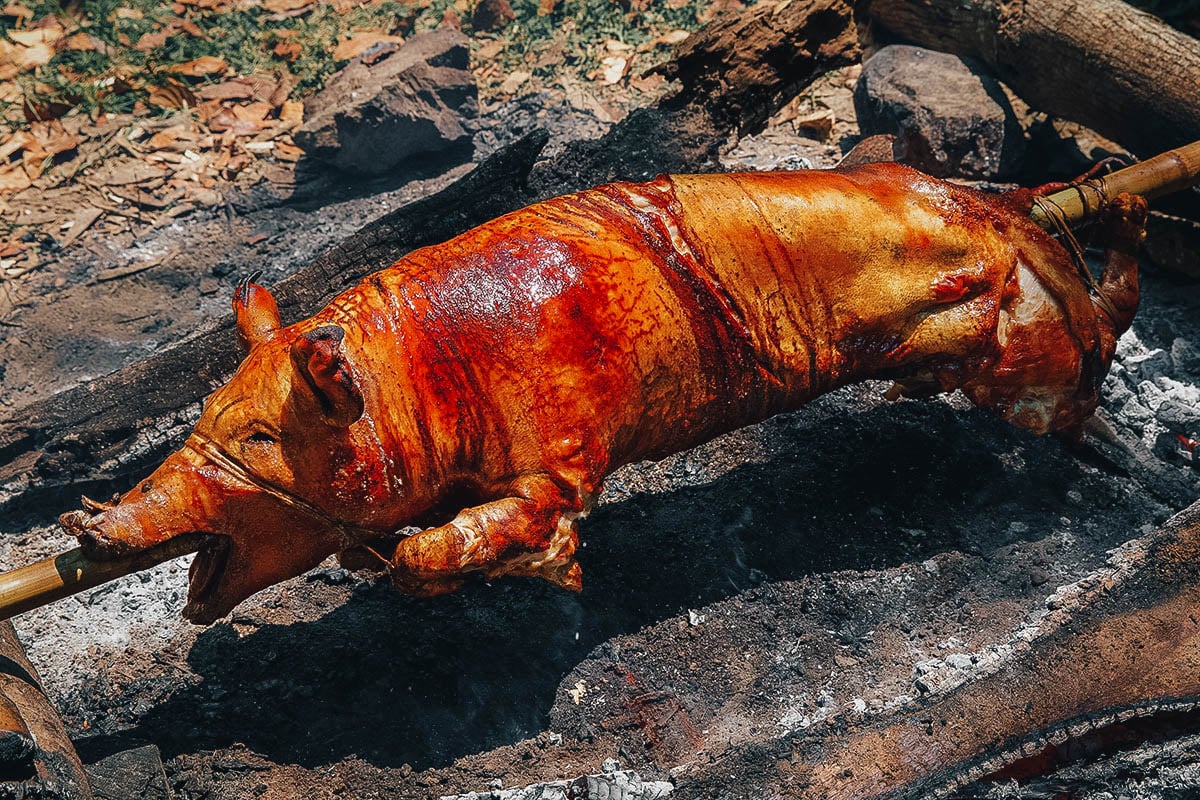 Lechon or roast pig with liver sauce, one of the most famous dishes in the Philippines