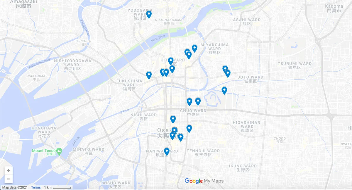 Osaka Restaurants Osaka map with pins
