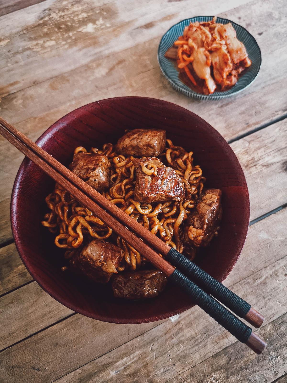 Bowl of ram-don with kimchi