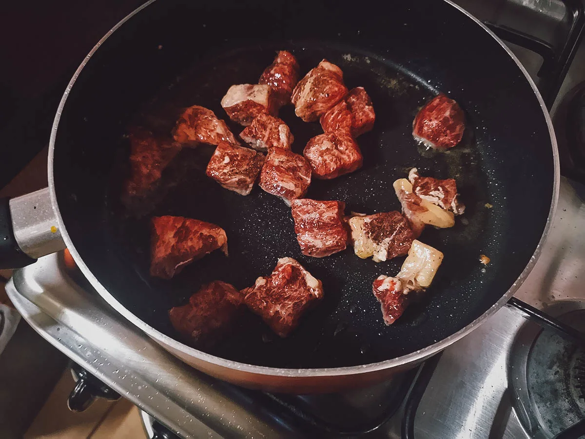 Browning the steak cubes