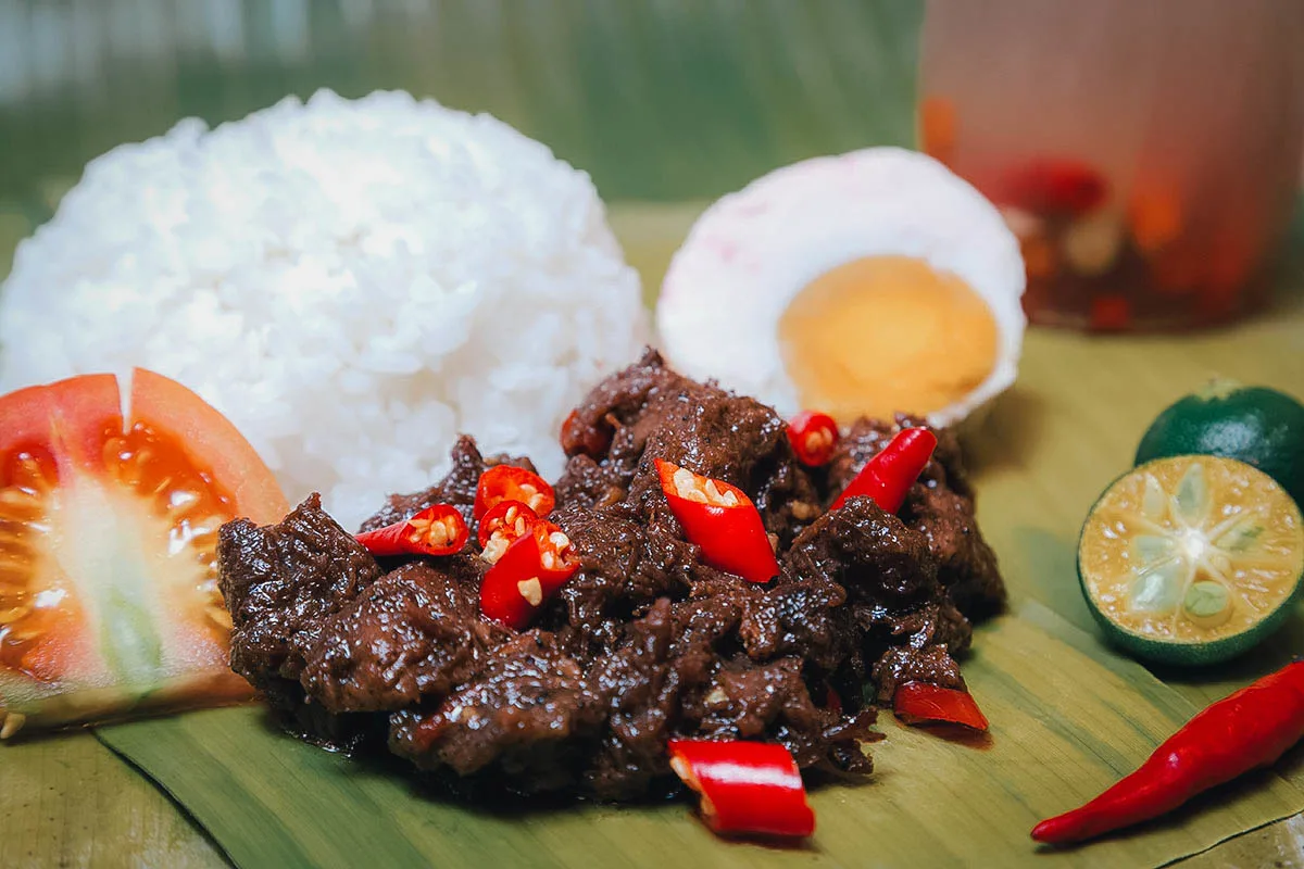 Tapsilog – beef tapa with hard-boiled eggs and sinangag garlic fried rice
