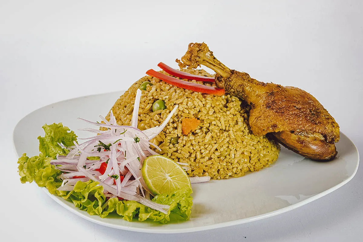Peruvian Food Arroz con pato, one of the most popular Peruvian foods in Chiclayo