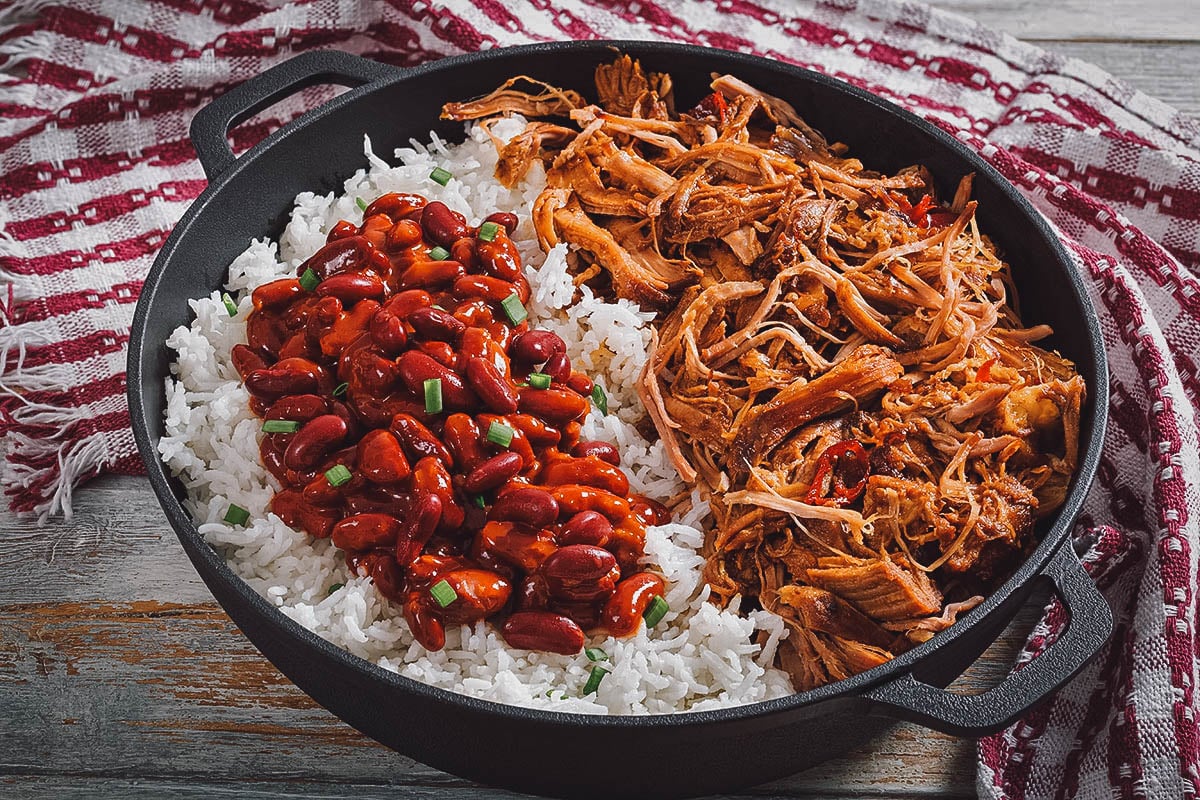 La bandera or the Dominican flag, the national lunchtime dish of the Dominican Republic