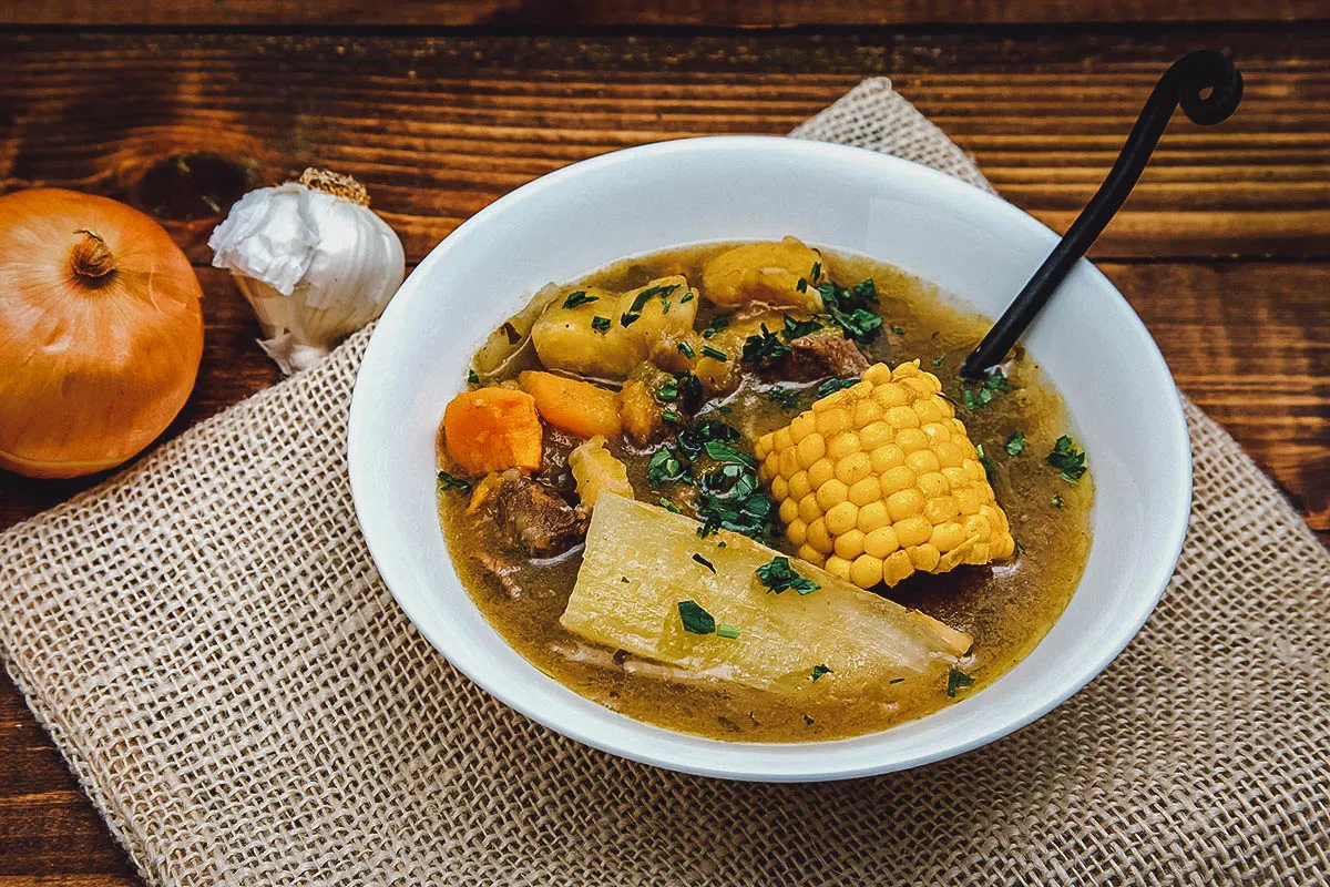Dominican Food Bowl of sancocho, a popular Dominican meat and vegetable stew
